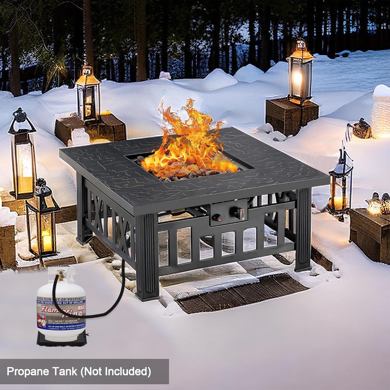 VECELO Propane Fire Pit, 30 Inch Outdoor Gas Fire Table, 50,000 BTU Square Firepit with Lid and Lava Rock, Adjustable Flame Steel Fire Table for Outdoor, Patio, Backyard, Party, Black