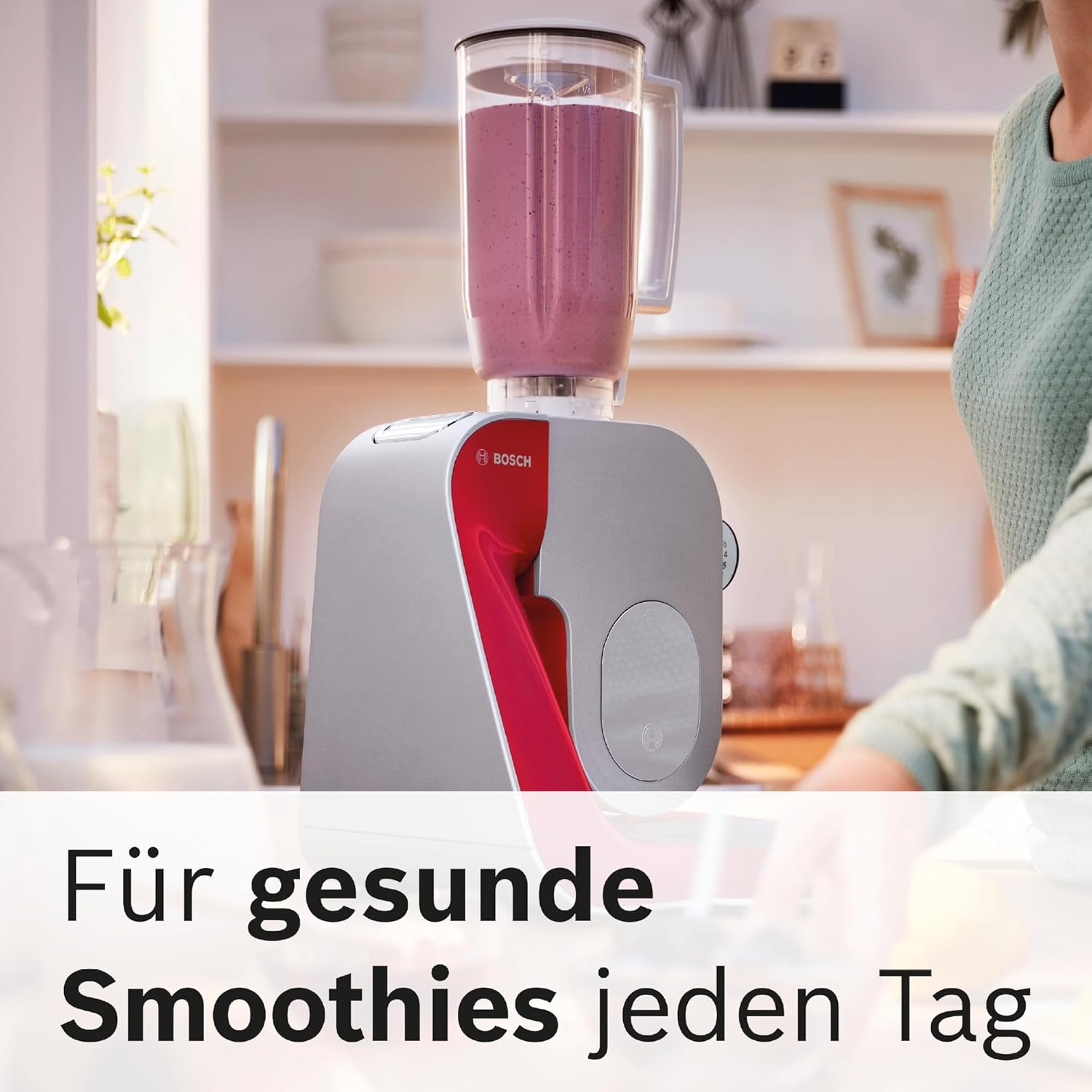 Bosch Küchenmaschine Serie 4 MUM58720,Edelstahl-Schüssel 3,9 L, Mixer 1,25 L, Planetenrührwerk,Knethaken,Schlag,Rührbesen, Durchlaufschnitzler, 3 Scheiben, 1000 W, Dunkelrot/Silber