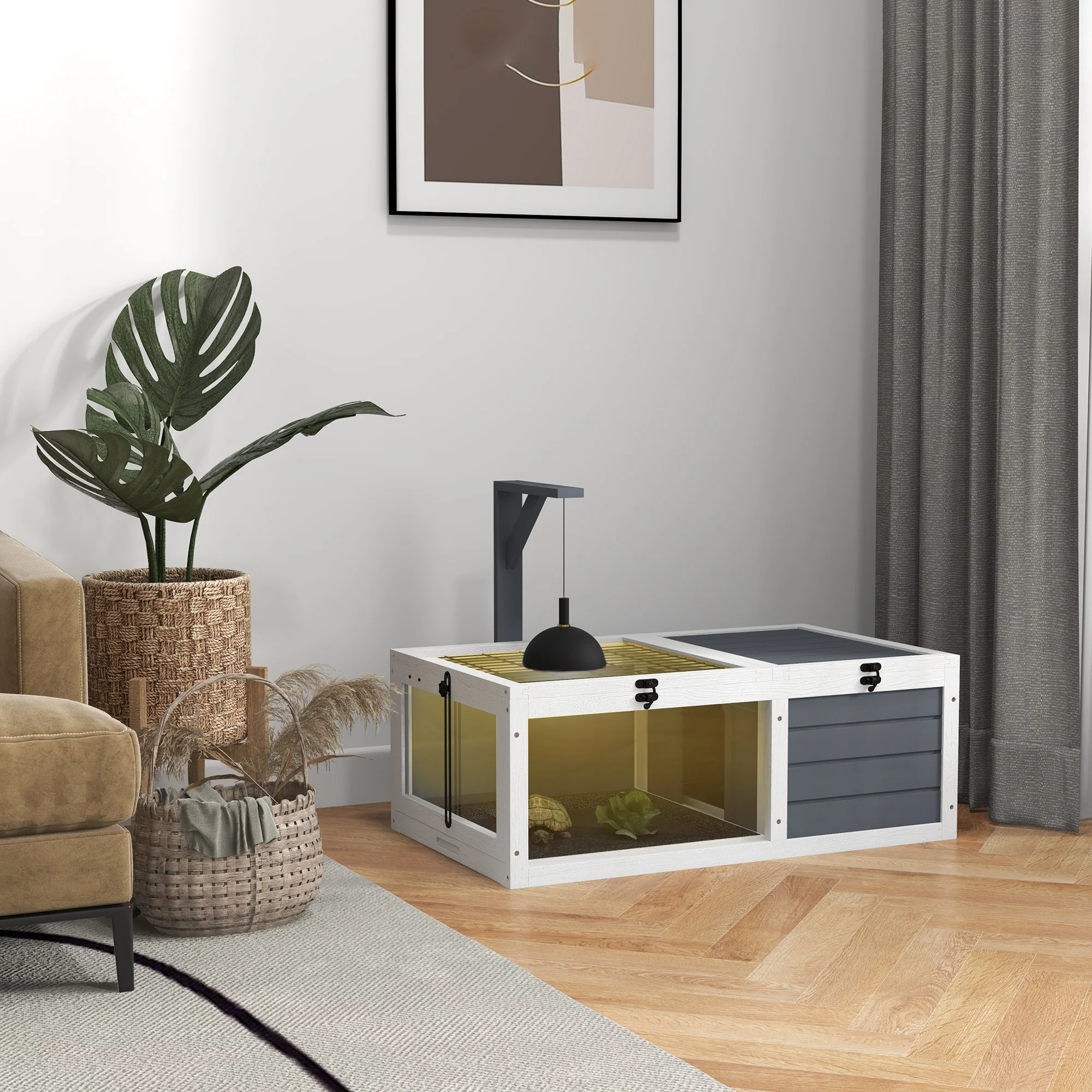 2025 PawHut Schildpaddenhuis, Schildpaddentafel van hout met houten lampenhouder, grijs