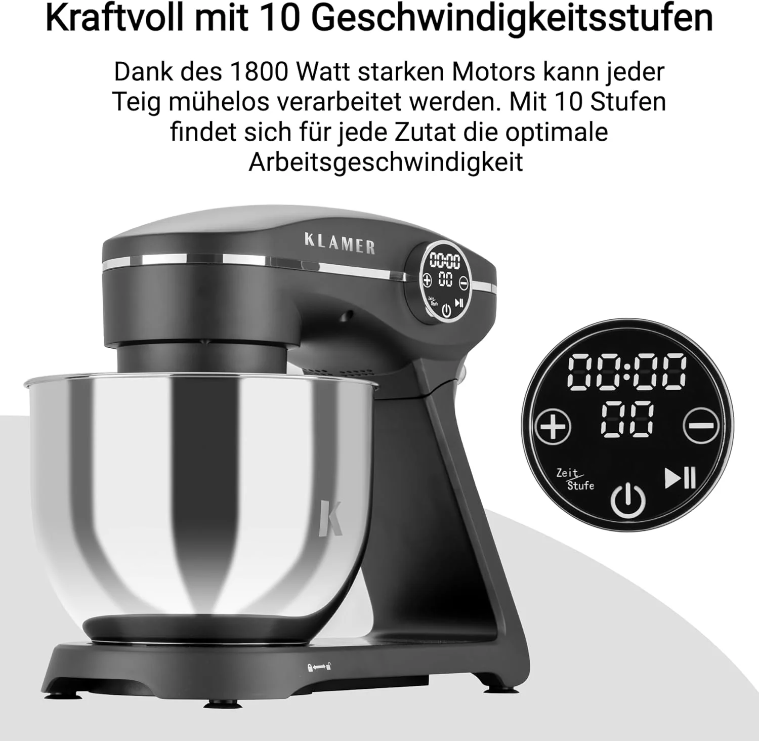 KLAMER Keukenmachine 1800W, Kneedmachine met 6 Liter RVS Kom, 10 Snelheidsstanden met Timer, Klopper, Deeghaak, Garde en Spatdeksel