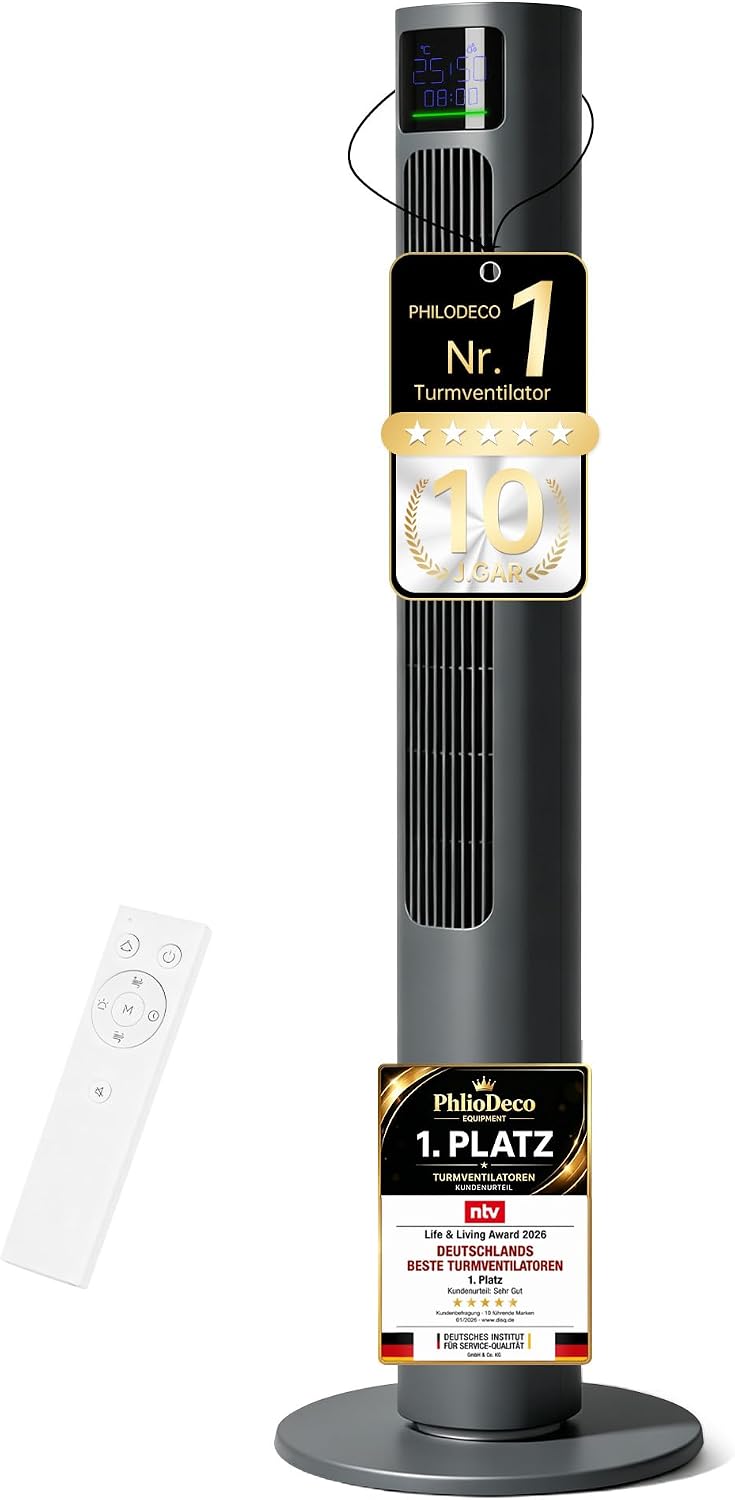 PHILODECO Turmventilator 115 cm Grau, leiser Standventilator mit Fernbedienung leise, 10 m Reichweite, 4 Stufen & 4 Modi, 90° Schwenk, 12h Timer, energiesparend