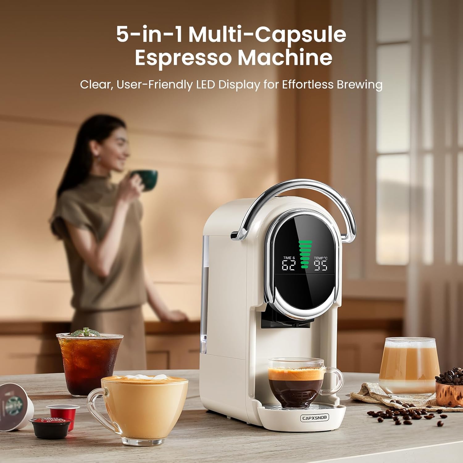 Magician1 Mini Pod Kaffeemaschinen 5 in 1 für Nespresso Original OL, Dolce Gusto, Lavazza A Modo Mio Kapsel, ESE 44 mm Pads und Espresso gemahlener Kaffee, 20 Bar, 1450 W, Heiß/Kaltgebrüht für Zuhause