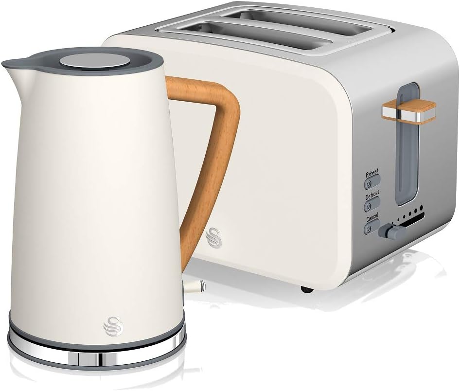 Swan Nordic 20 L digitaler Mikrowellenherd, 6 Leistungsstufen, 800 W Leistung, 30-Minuten-Timer, einfache Reinigung, Abtaumodus, modernes Design, Griff in Holzoptik, mattwei