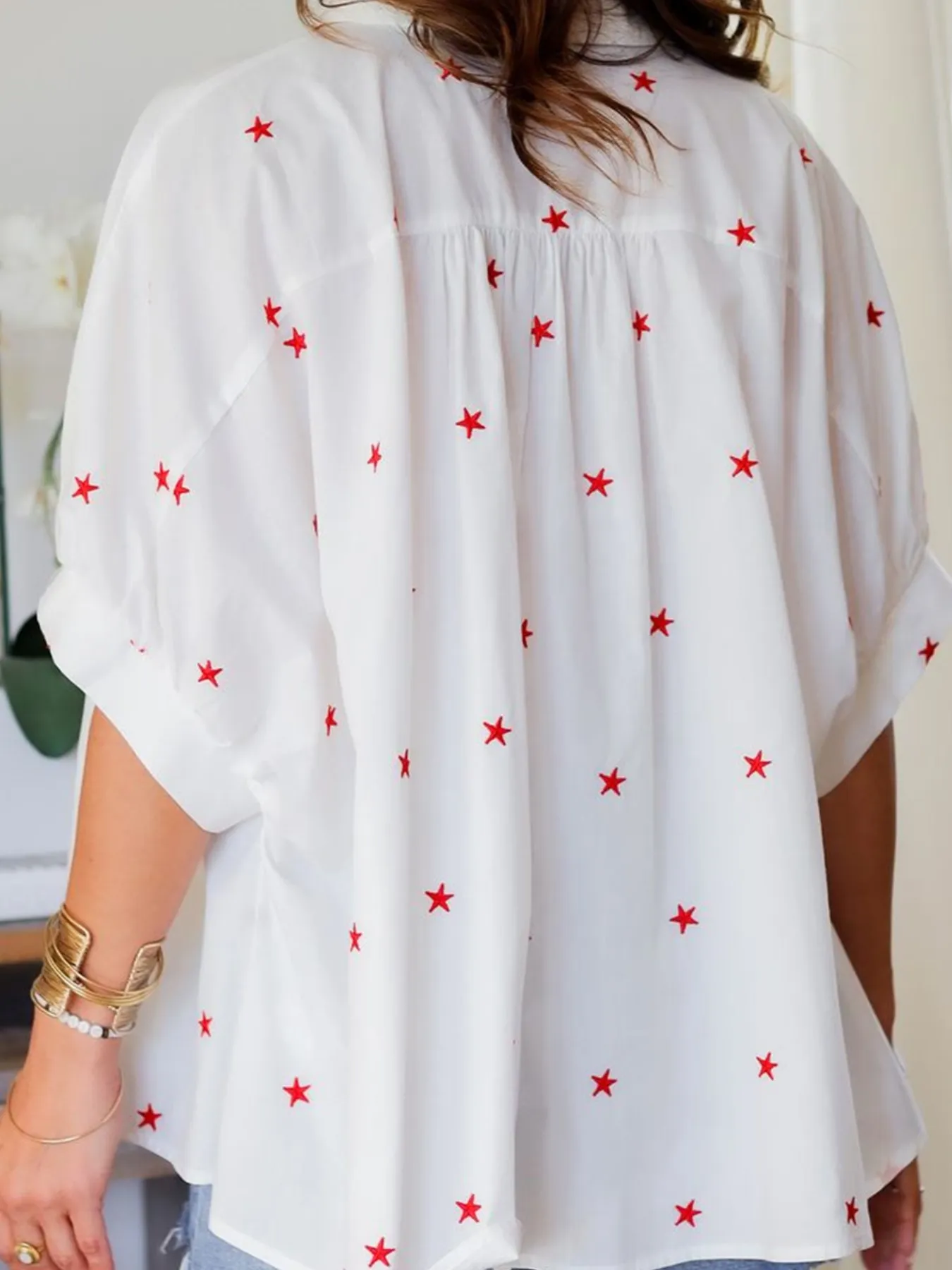 Star Print Puff Sleeve Button-Up Shirt