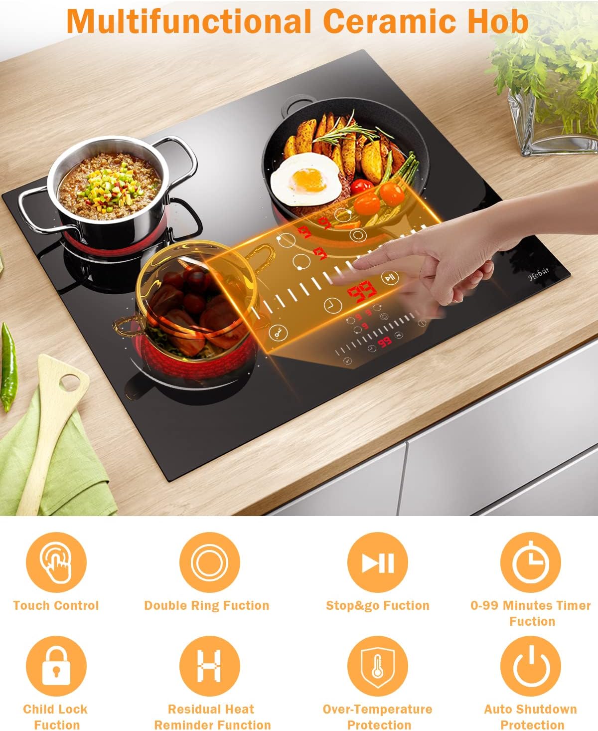 Glaskeramikkochfeld 4 Zonen Kochfelder Sensor-touch Control Kochfeld Autark 60cm, 6000W, 9 Leistungsstufe, verkabelt, kein Stecker