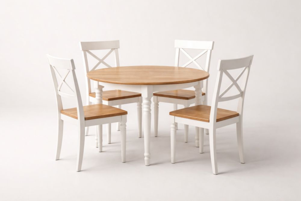 Wood Dining Table and Chair Set with White Frame and Natural Finish Top