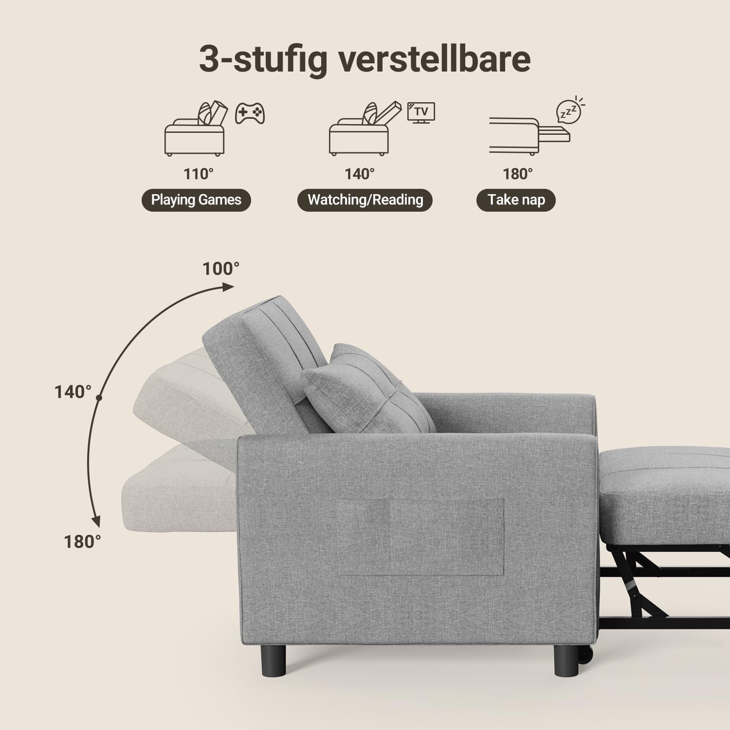 Xbro Schlafsessel 3-in-1-Convertible-Stuhl-Bett, Schlaferstuhl mit bettfunktion, Verstellbares Schlafsofa mit Kissen und Tasche, Sessel mit schlaffunktio für kleine Wohnung (Hellgrau)