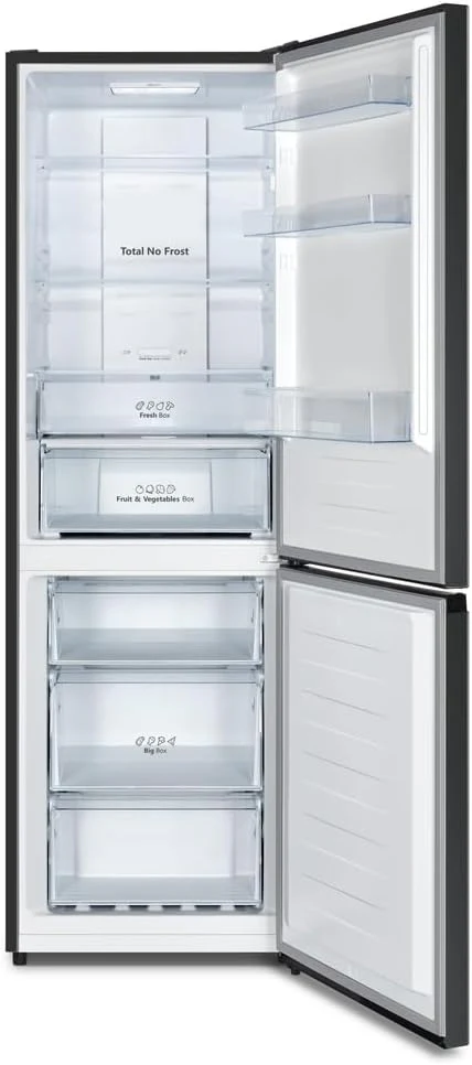 Hisense RB327N4ADD Koelvriescombinatie, EEK D, Total NoFrost, Verwisselbare Deurscharnieren, Flessenrek, 171 Liter Koelgedeelte, 85 Liter Vriesgedeelte, Roestvrijstalen look