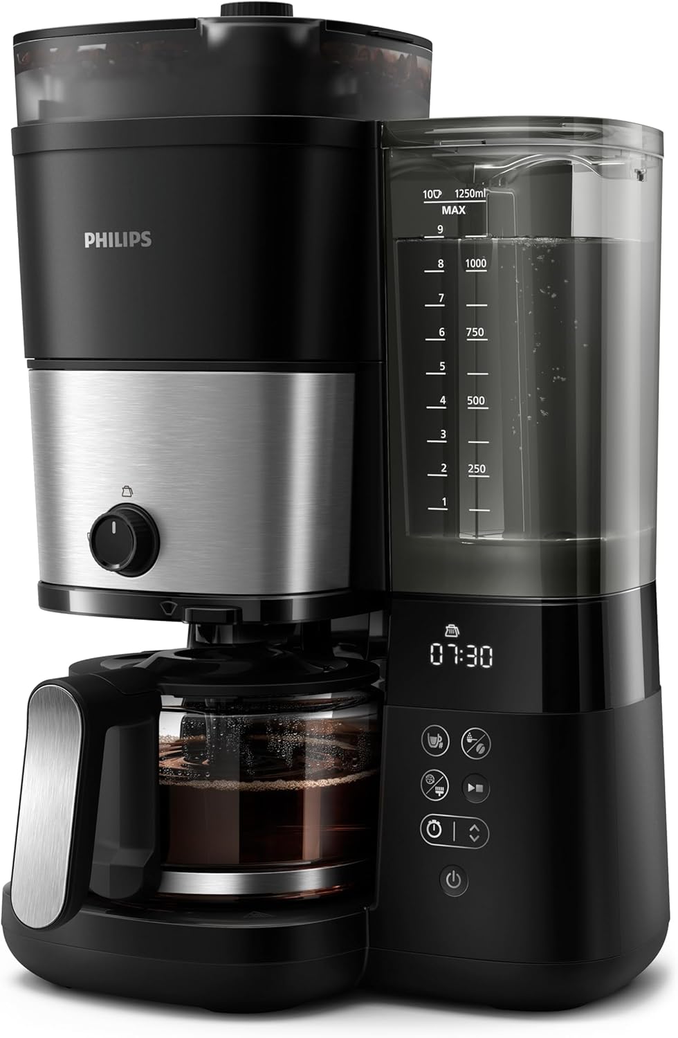 Philips All-in-1 Filterkaffeemaschine - integriertes Kegelmahlwerk für frisch gemahlenen Kaffee - Duo-Bohnenbehlter, 1,25-L-Glaskanne, individuelle Einstellung der Intensitt (HD7900/50)