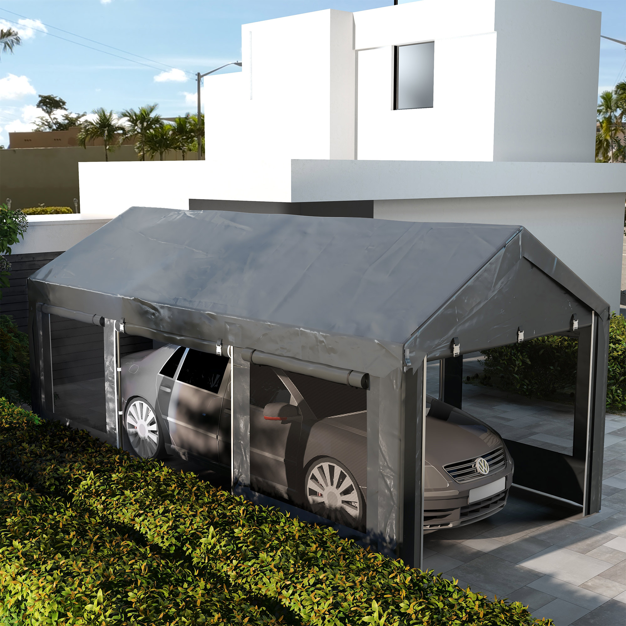 Outsunny Carport & Partytent, verstelbaar in hoogte, 4 ramen & deuren, metalen frame, 3 x 6m, Donkergrijs