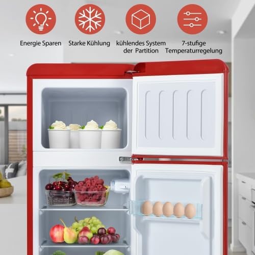Merax Retro Kühlschrank mit Gefrierfach – Kleiner Mini Kühlschrank, 92L Gesamtvolumen, 28L Gefrierfach, 7 Temperaturstufen, Energieeffizienzklasse D – Ideal für Küche, Wohnzimmer