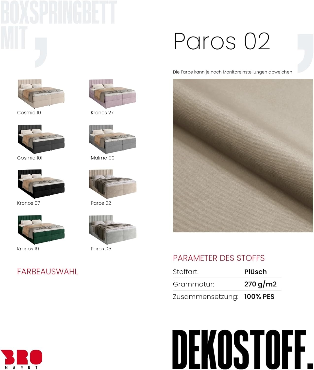 BROMARKT Boxspringbett mit Bettkasten Polsterbett mit Bonell-Matratze und Topper Doppelbett mit Stauraum Bett für Schlafzimmer gepolstertes Kopfteil Dream 160x200 Härtegrad H3 Samtstoff Beige