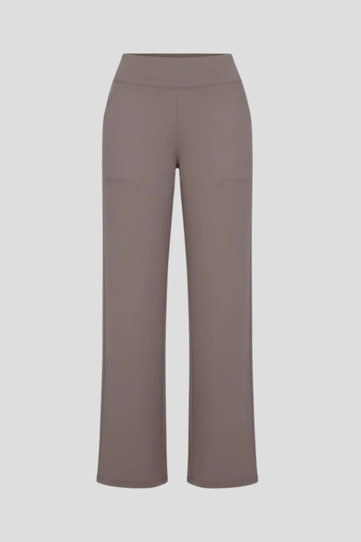 Damen Hose mit weitem Bein und hohem Bund | Bequeme High Waist Stoffhose mit Gummizug | Gerade geschnittene Schlupfhose