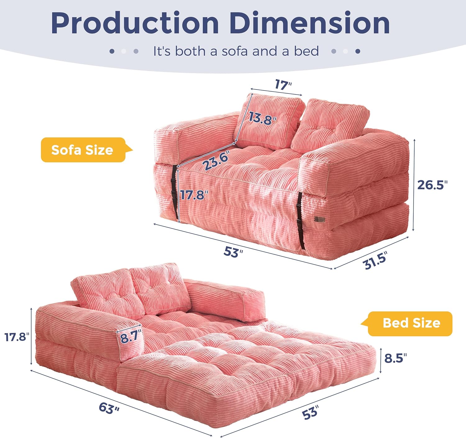 Folding Sofa Bed L-Shaped Convertible Sofa Bed with Armrests and Pillows