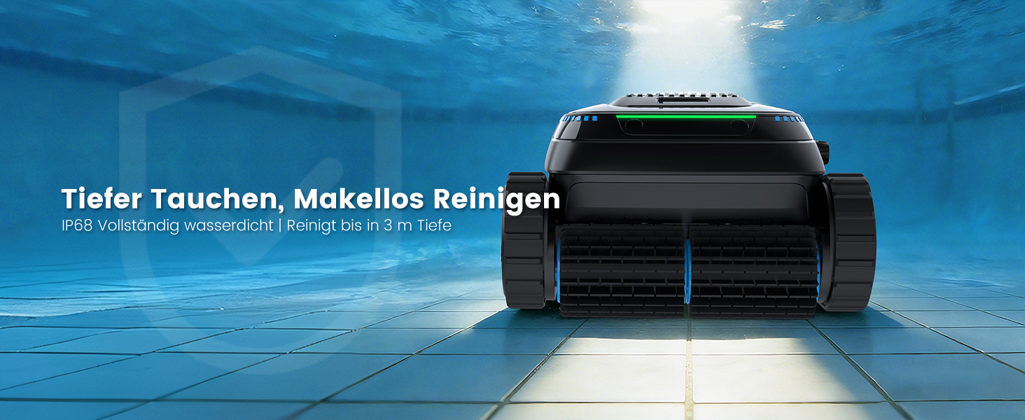 Der Text lautet „Tiefer Tauchen, Makelllos Reinigen“. Unterwasseraufnahme eines Roboters für den Poolreiniger auf einem gefliesten Poolboden mit blauem Wasserhintergrund.