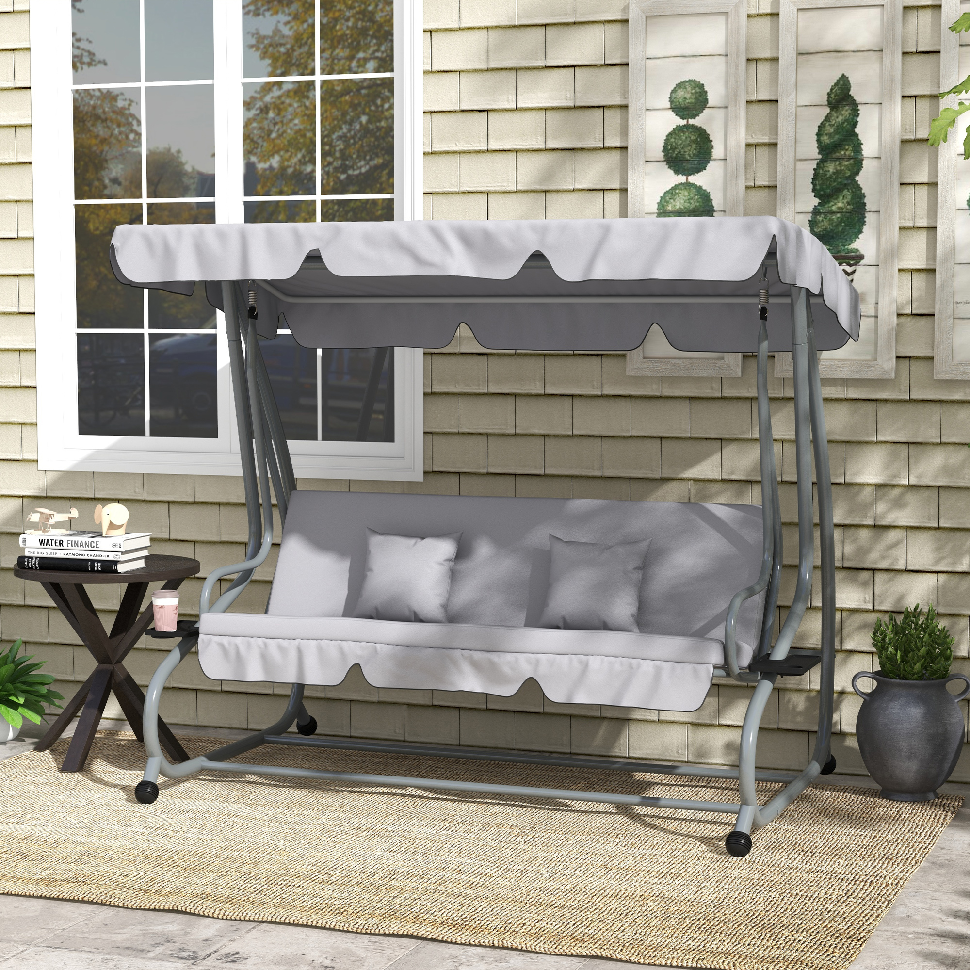 Outsunny 2-in-1 Hollywoodschommel met Ligfunctie, Verstelbaar Dak, tot 340 kg, Staal, 200x120x164 cm, Grijs