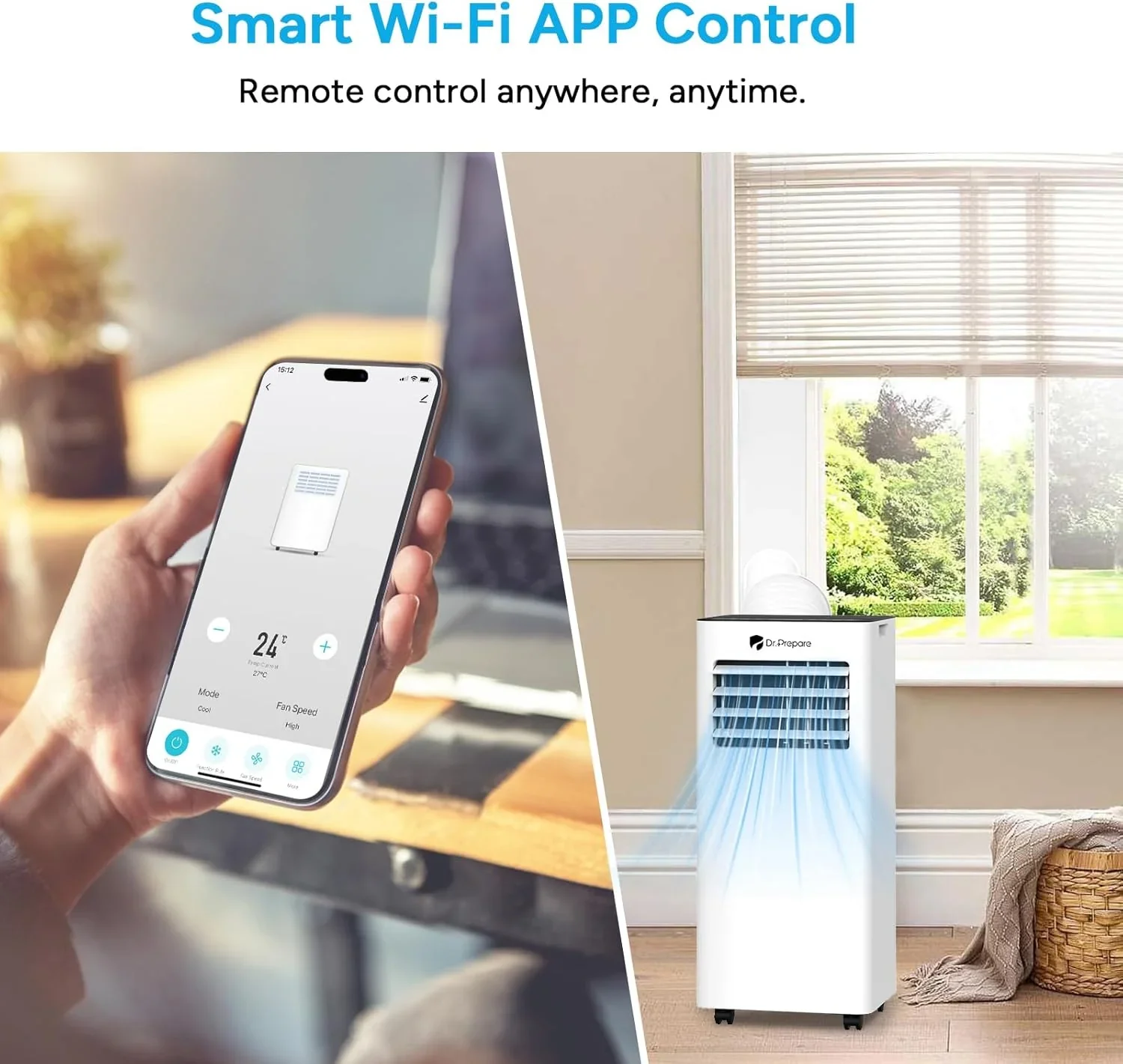 DR.PREPARE Mobiles Klimager?t 9000 BTU mit APP, 4 in 1 Mobile Klimaanlage mit Abluftschlauch, K��hlen&Ventilieren&Entfeuchten, Ventilator & Schlafmodus mit Fernbedienung, K��hlt bis zu 30m2, 1-24H Timer
