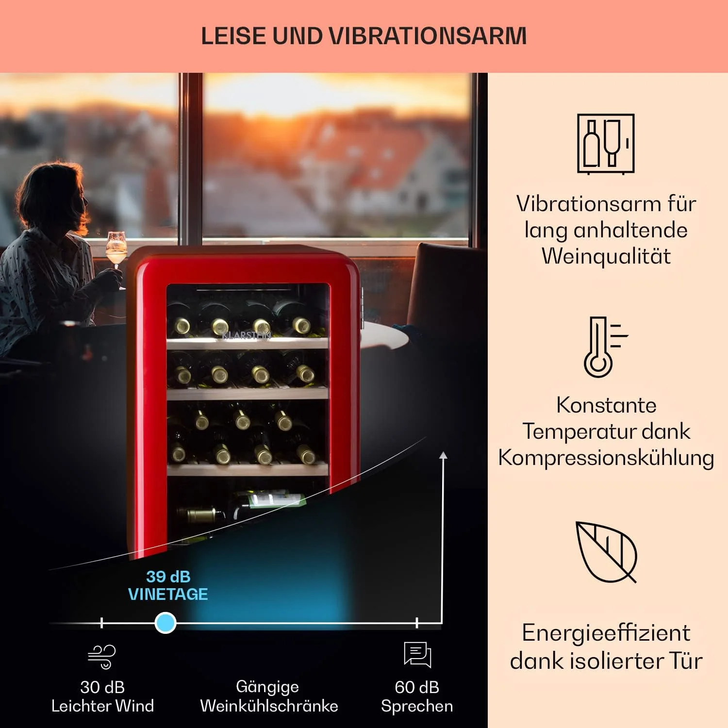 Klarstein Weink��hlschrank, Getr?nkek��hlschrank Schmal, K��hlschrank mit Glast��r, Getr?nkek��hlschr?nke Freistehend, Weink��hlschrank Klein, Weink��hlschr?nke 1 Zone, UV-Schutz, 4-22 ��C, 19 Flaschen
