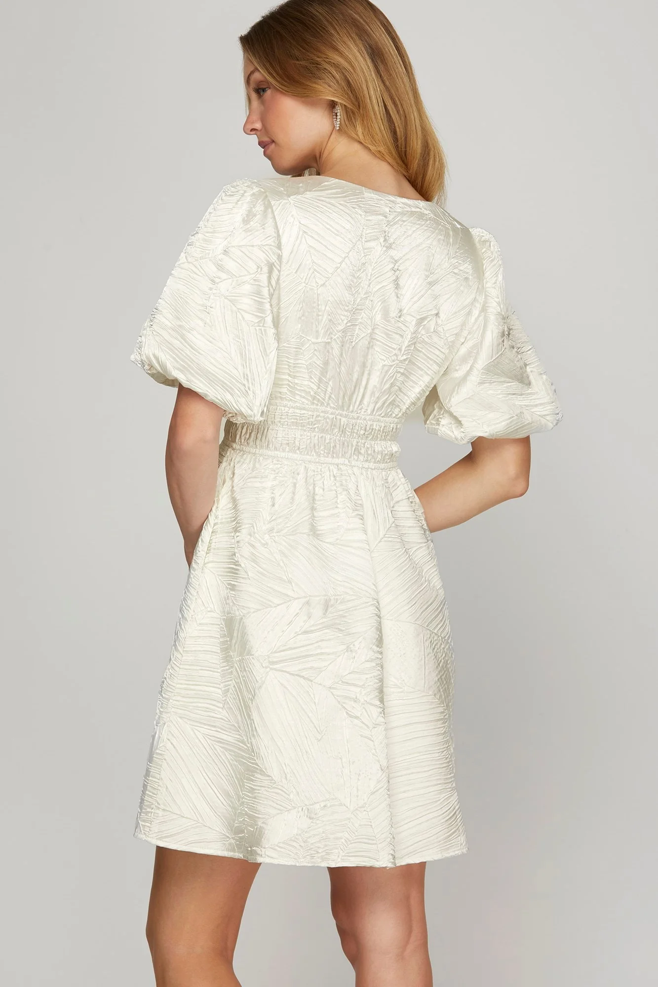 She + Sky Crinkle Woven V-Neck Balloon Sleeve Mini Dress