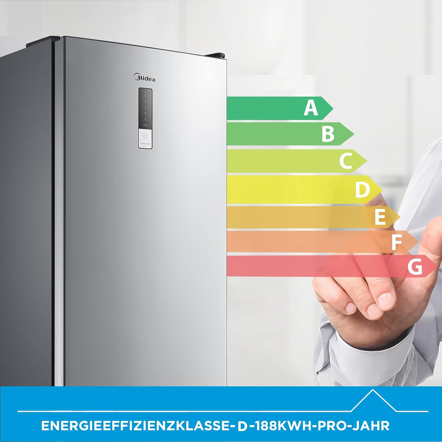 Midea MERB276FGE02A Fridge/Freezer Combination, 180 cm Height, NoFrost, Double Control, Super Cooling Function, 219 kWh per Year, Fridge Capacity 199 L, 71 L Freezer Capacity