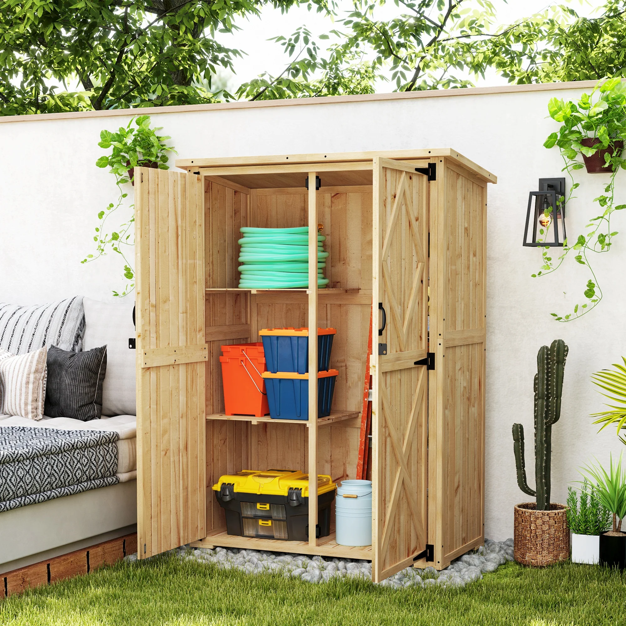 Outsunny Tuinopslagschuur, houten schuur voor gereedschap en tuinapparatuur, asfaltdak, dubbele deuren, sparrenhout, lichtbruin