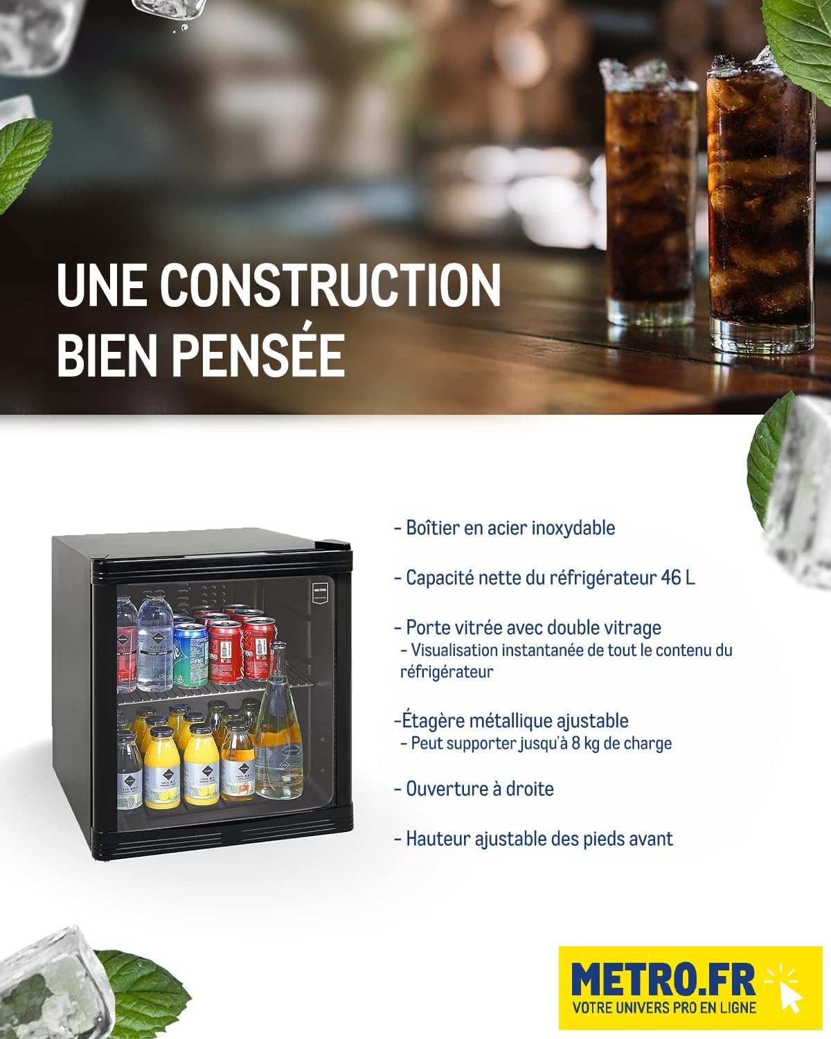 METRO Professional Minibar vitré/Réfrigérateur GPC1046, verre/acier inoxydable, 43 x 48 x 51.5 cm, 46 L, froid ventilé, noir