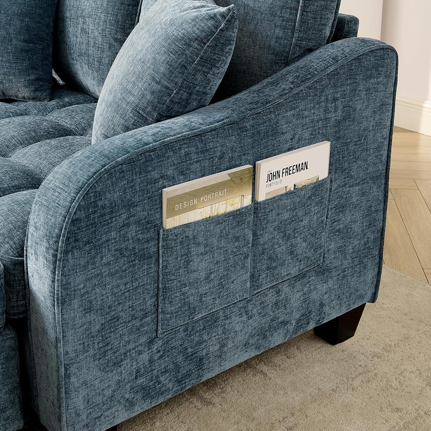 Sofa mit mit Aufbewahrungs-Hocker, Schlafsofa mit Verstellbarer Rückenlehne und Kissen, Klein Sofa, für kleine Wohnzimmer,Studienzimmer,Schlafzimmer,Blau