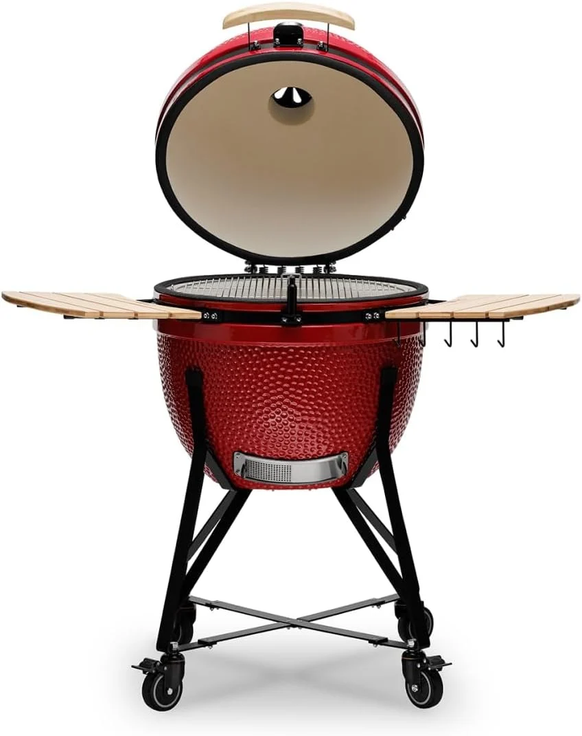 Kamado BONO BBQ - Barbacoa Grande XXL con 10 accesorios - Ø 64 cm Kamado Barbacoa con Accesorios - Parrilla ahumador rojo en la terraza, balcón o jardín