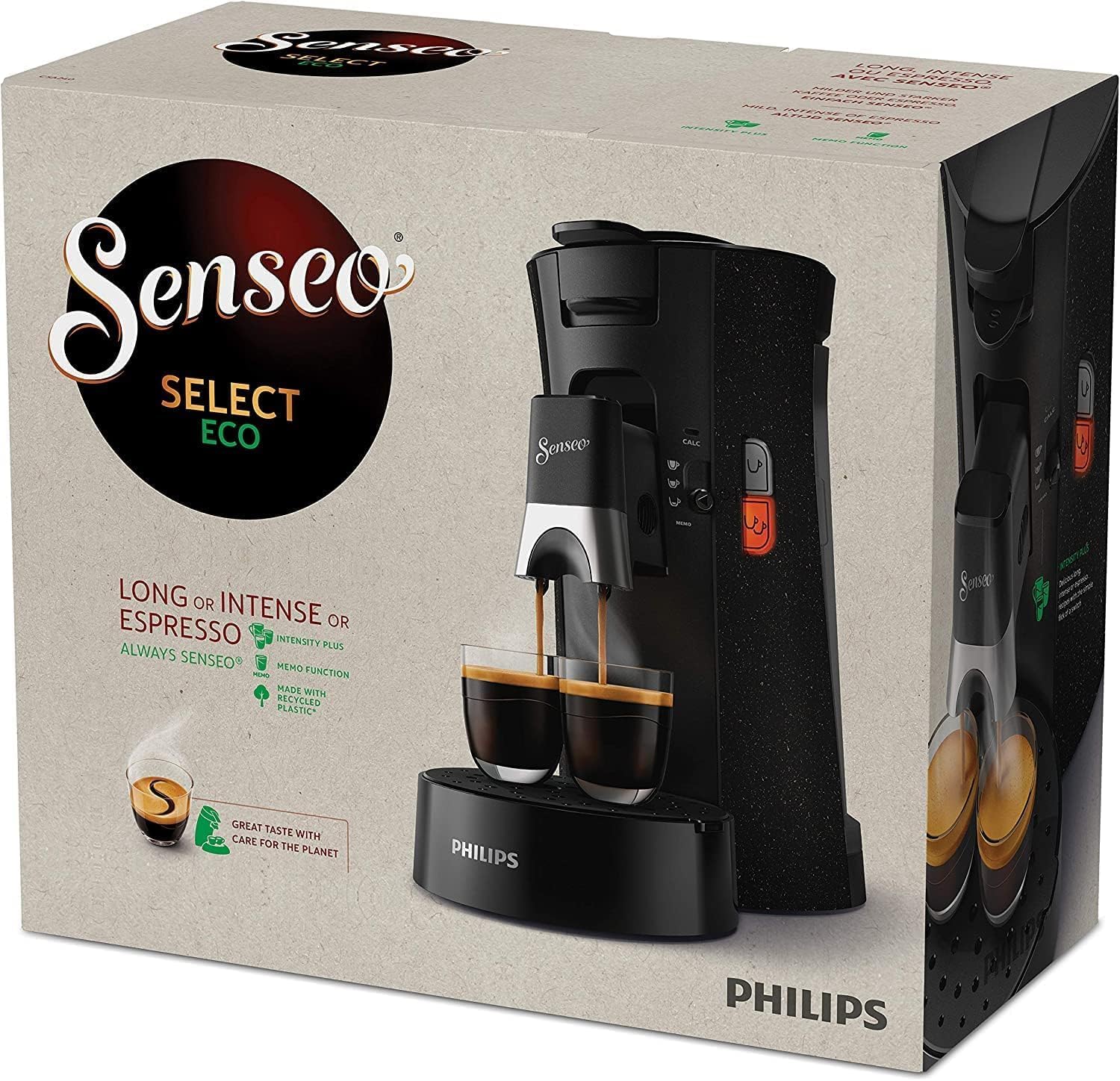Philips Senseo Select CSA240/20 Koffiepadapparaat (koffiesterktekeuze Plus, memo-functie, van gerecycled plastic), Zwart Eco