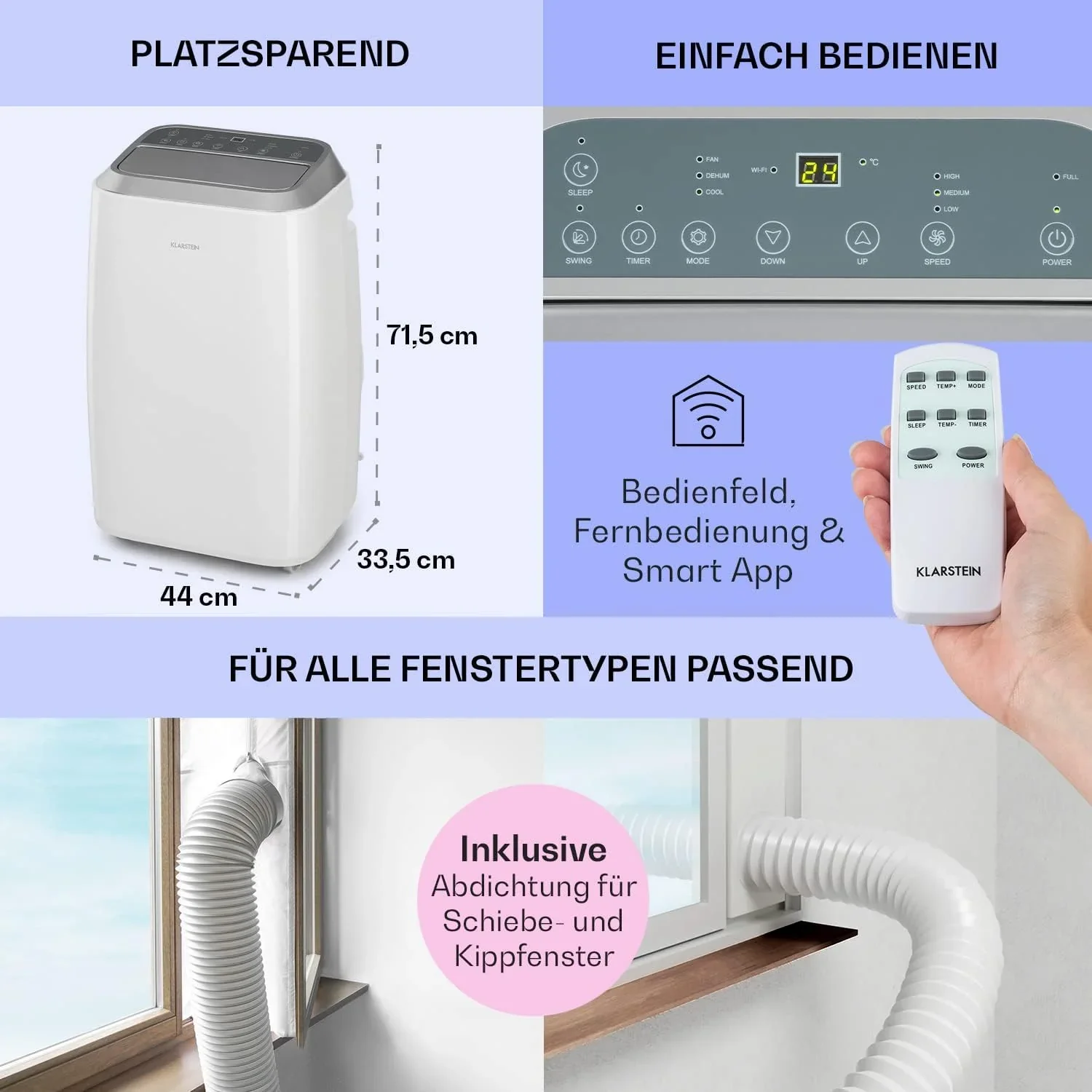 Klarstein Mobile Klimaanlage mit Abluftschlauch, 3-in-1 Klimager?t mit Ventilator, Luftentfeuchter & Nachtmodus, Kleine & Portable Klimaanlage f��r Wohnung & B��ro, 12000 BTU Niedrig Verbrauch