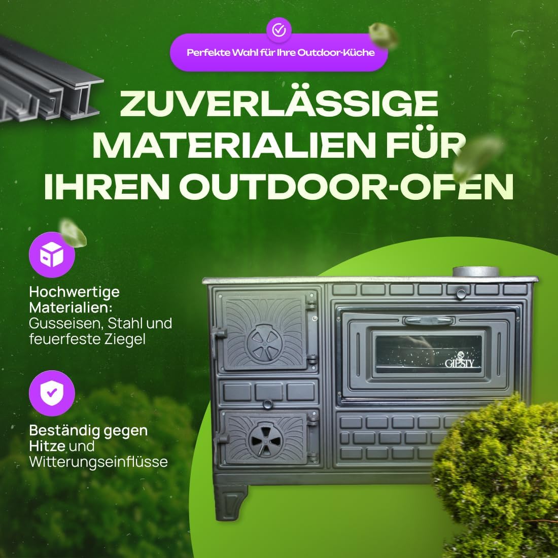 Outdoor-Küchenofen Terrassenofen, Holzofen mit Holz und Holzkohle, Garten-Kamin, Outdoor-Küchenherd, Kuzine Soba (Gusseiserne Tür+2 Rohre)