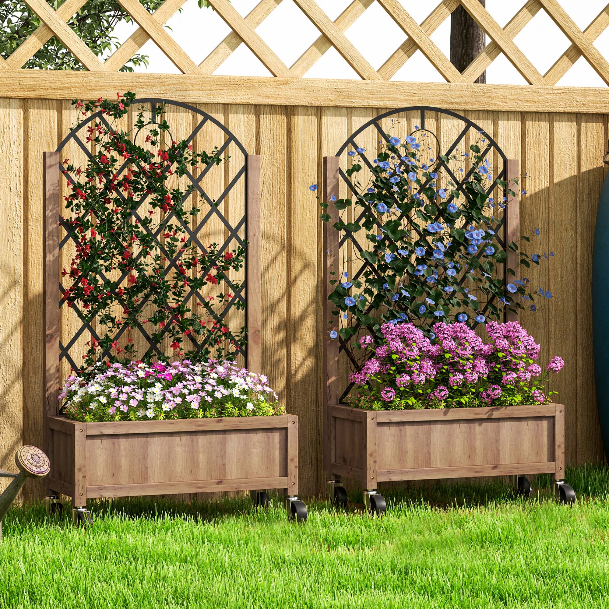 2-delige set verhoogde bloembedden met wielen, klimrek, trellispot bloembak hout 52x25x97cm Bruin
