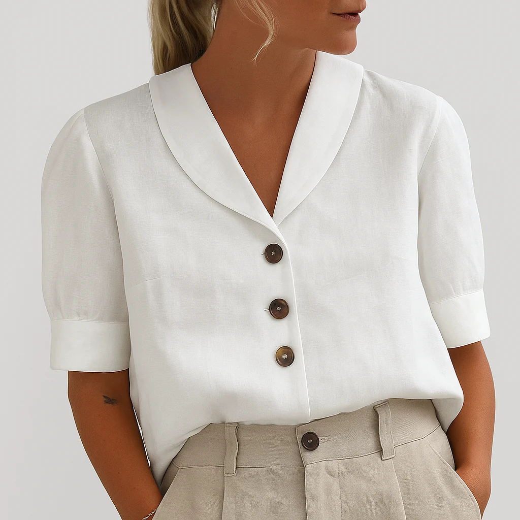 Damen V-Ausschnitt Bluse mit Knopfleiste | Locker sitzende Kurzarmbluse | Vielseitiges Business Casual Oberteil f��r Frauen