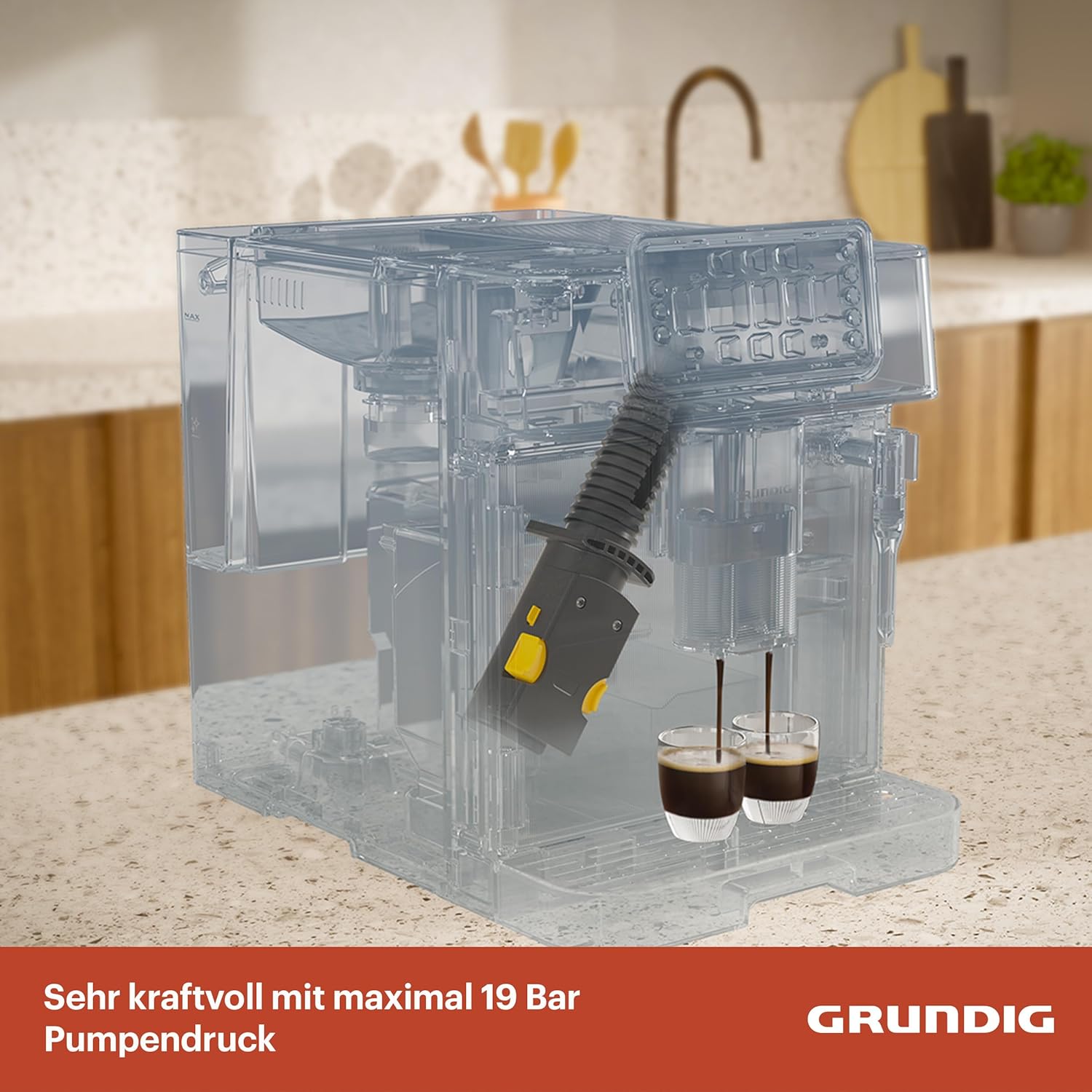 GRUNDIG KVA 7230 Kaffeevollautomat, Kaffeemaschine, 10 Kaffeespezialitäten, 13 Mahlgrade, Milchbehälter, leistungsstark 1350 W, 19 Bar Pumpendruck, Zweifachdüse, Beleuchtung, Schwarz/Dunkelsilber
