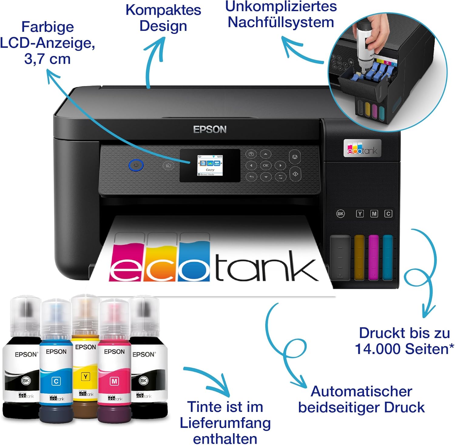 Epson EcoTank ET-2850 A4-Multifunktions-Wi-Fi-Tintentankdrucker, mit einem im Lieferumfang enthaltenen Vorrat an Tinten bis zu 3 Jahren