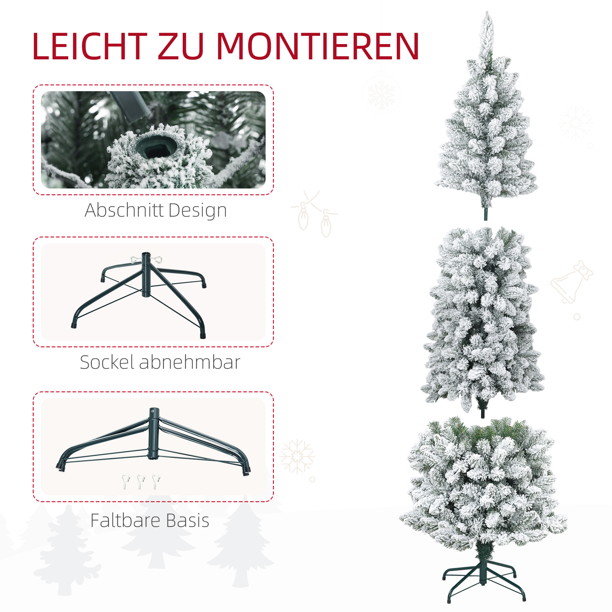 Kunstkerstboom, vlamvertragend, met kunstsneeuw, slank, stalen voet, 75 x 210 cm, Groen