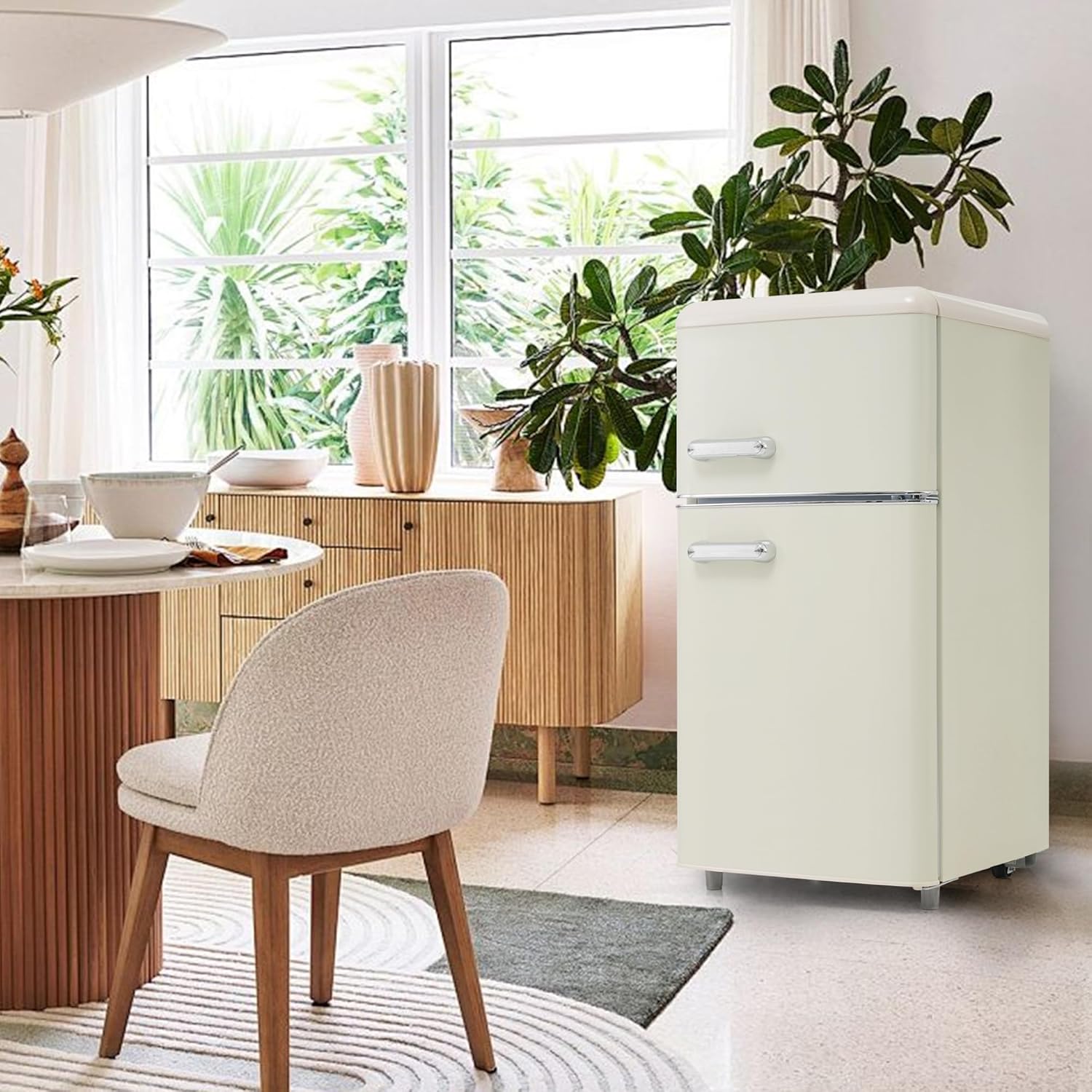 Merax Retro Kühlschrank, Doppeltür, 72L Gesamtvolumen, 21L Gefrierfach, Energieklasse E, 120 kWh/Jahr, LED-Beleuchtung, 3 verstellbare Einlegeböden Weiß