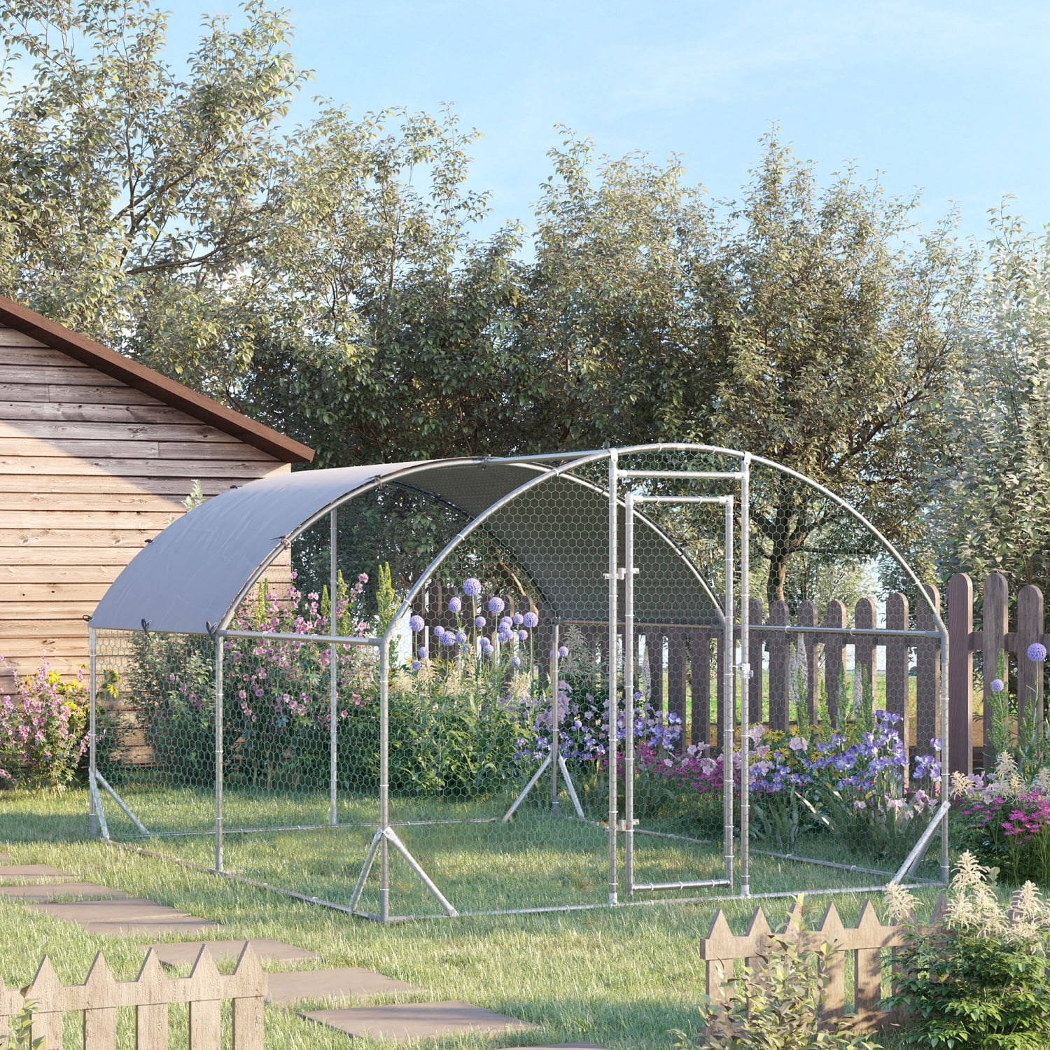 2025 GFVCNIO PawHut Grote Metalen Kippenhok met Omheining, Waterdichte en UV-bestendige Bedekking, Kooi in Koepelvorm met Voetgangers Toegang voor Buiten en Tuinen, Diameter van 1�� Pijp, Afmetingen 9,2' x 12,5' x 6,5'