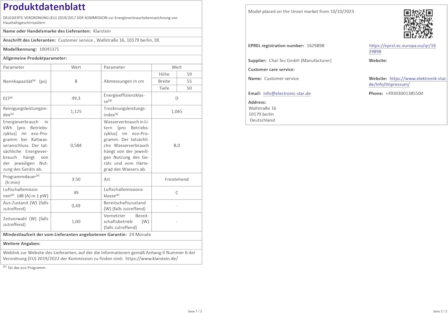 Klarstein  ia 8 - Spülmaschine, Geschirrspüler, Freistehend, Teilintegriert, F, 55 cm breit, 8 Maßgedecke, 6 Programme, Aquastop, silber
