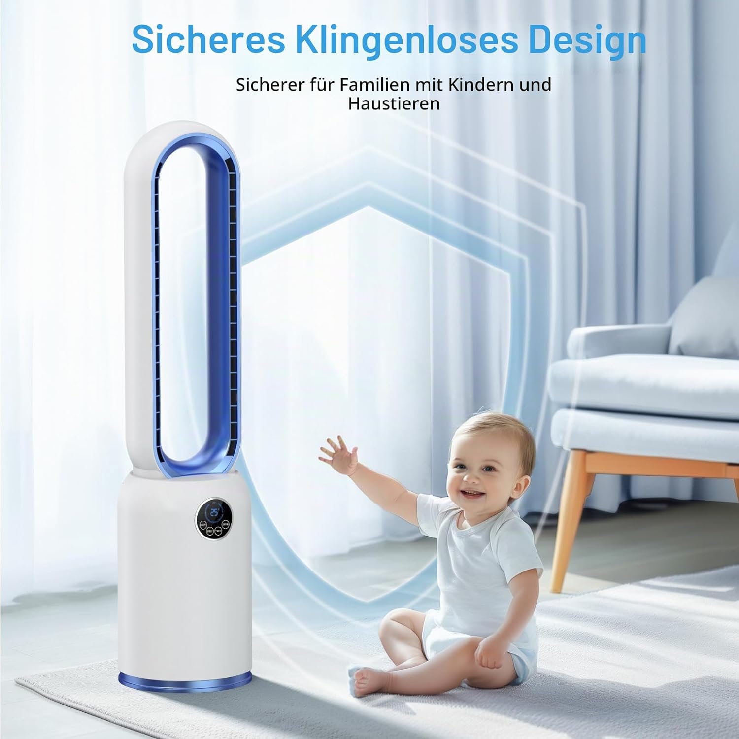 Turmventilator ohne Flügel 88cm – geräuschloser Standventilator mit 55W Motor, LED-Touchscreen & Fernbedienung, 12-Stunden-Timer, 90° oszillierend für Schlafzimmer & Büro (blau)