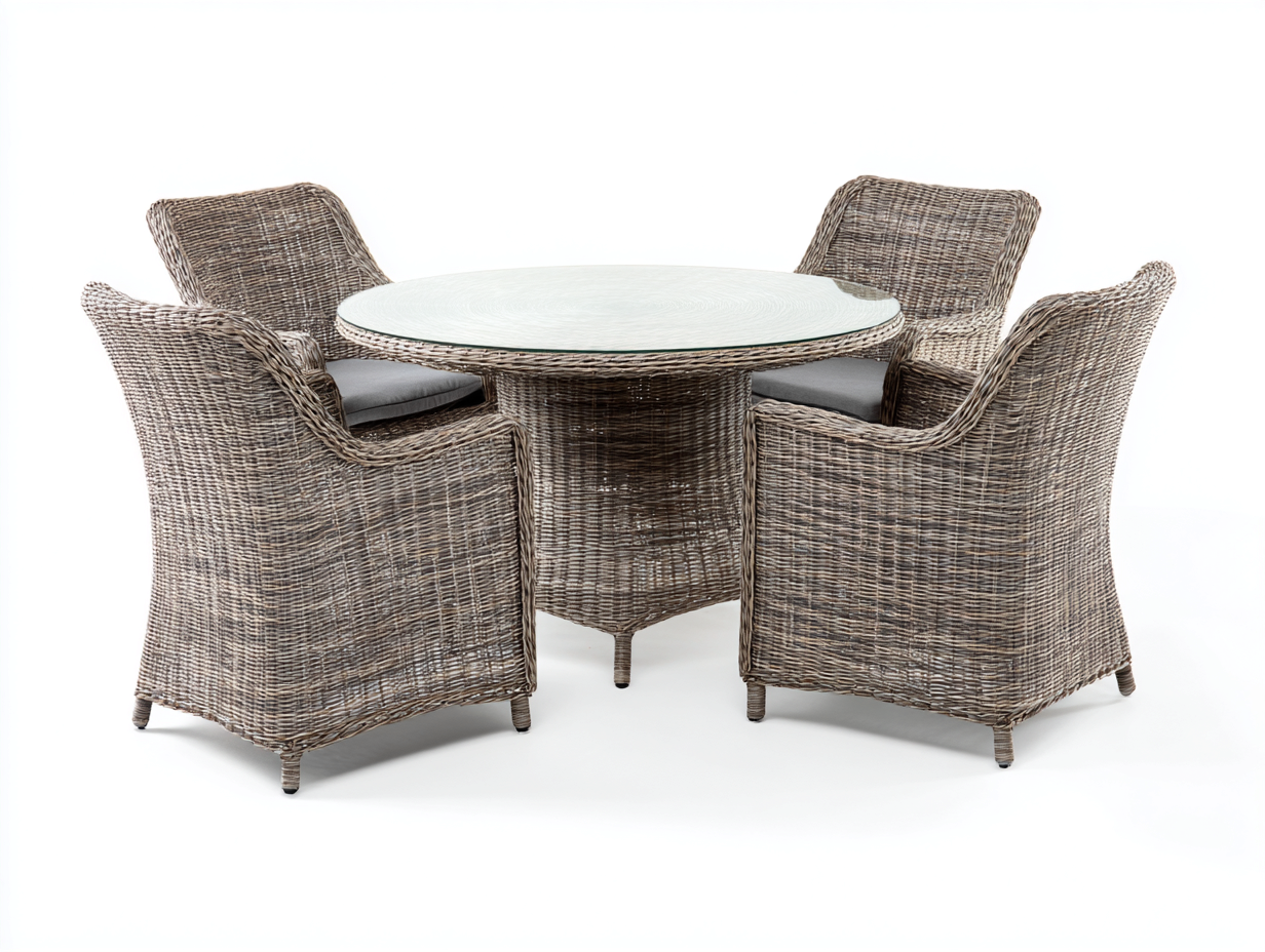 Garten-Essgruppe-Polyrattan-175x175x85 cm-Naturgrau-Outdoor-Gartenmöbel-Runder-Glastisch-Modernes-Design