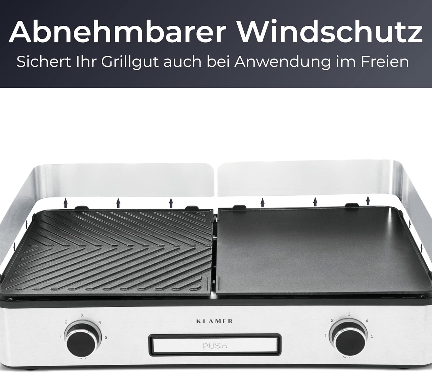 KLAMER Elektrogrill, antihaftbeschichtete und abnehmbare Duo-Platten, separate Temperatureinstellung, 5 Grillstufen, mit Wind-/ Spritzschutz & Auffangschale