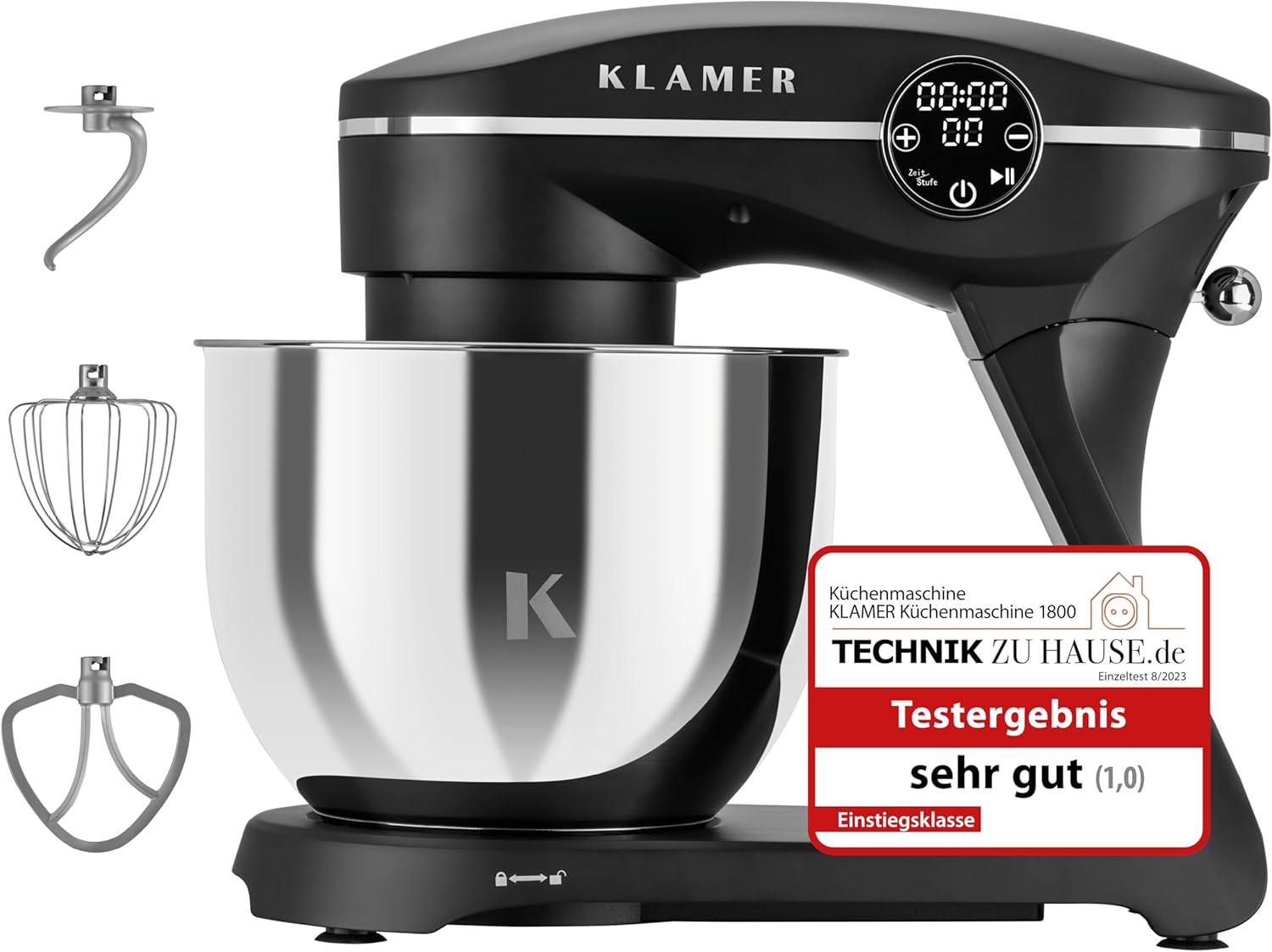 KLAMER Küchenmaschine 1800W, Knetmaschine mit 6 Liter Edelstahl Schüssel, 10 Geschwindigkeitsstufen mit Timer, Rührbesen, Knethaken, Schneebesen und Spritzschutz