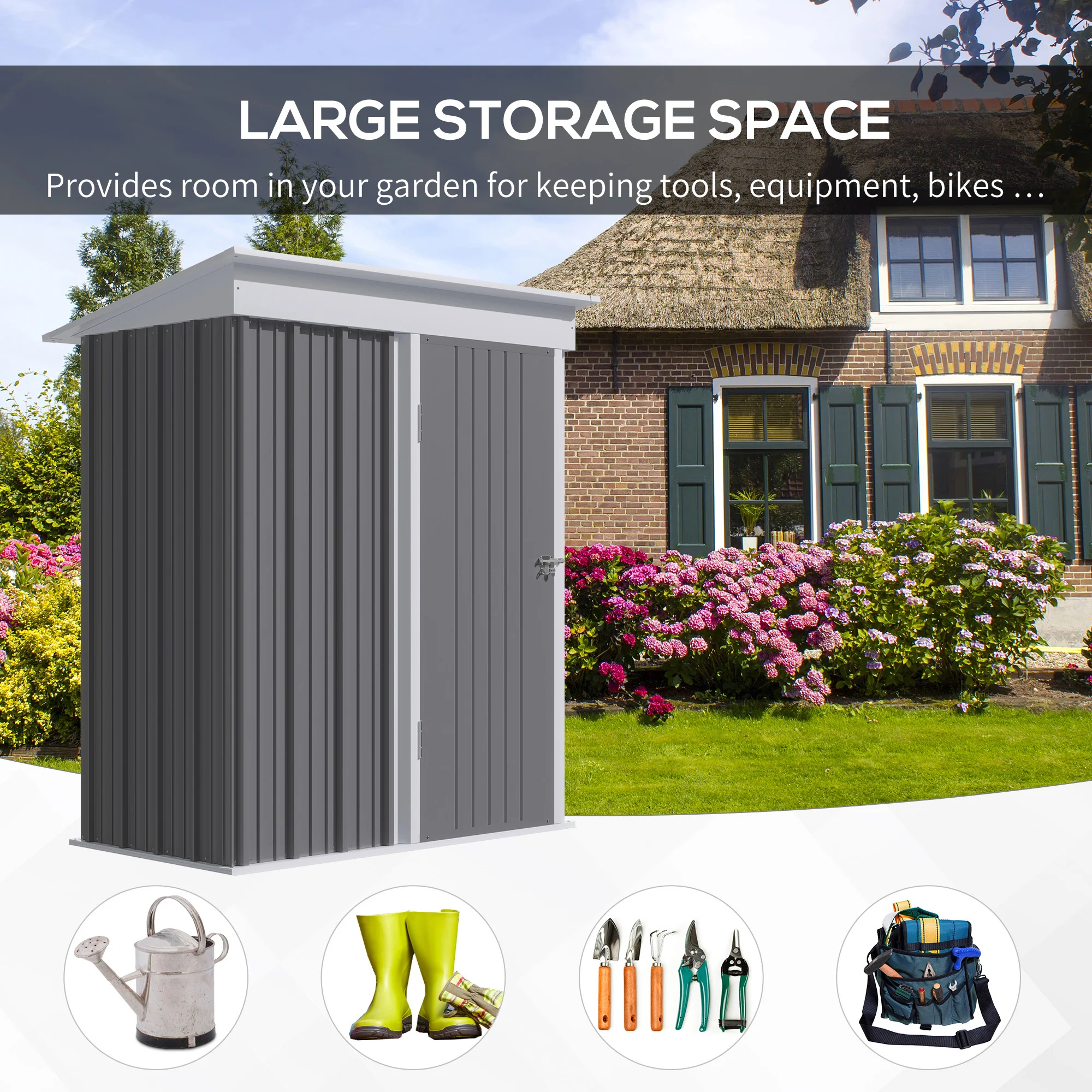 2025 Outsunny Stalen Tuinhuis, Klein Lean-to Fiets- en Tuingereedschap Schuurtje, 5x3 ft, Grijs