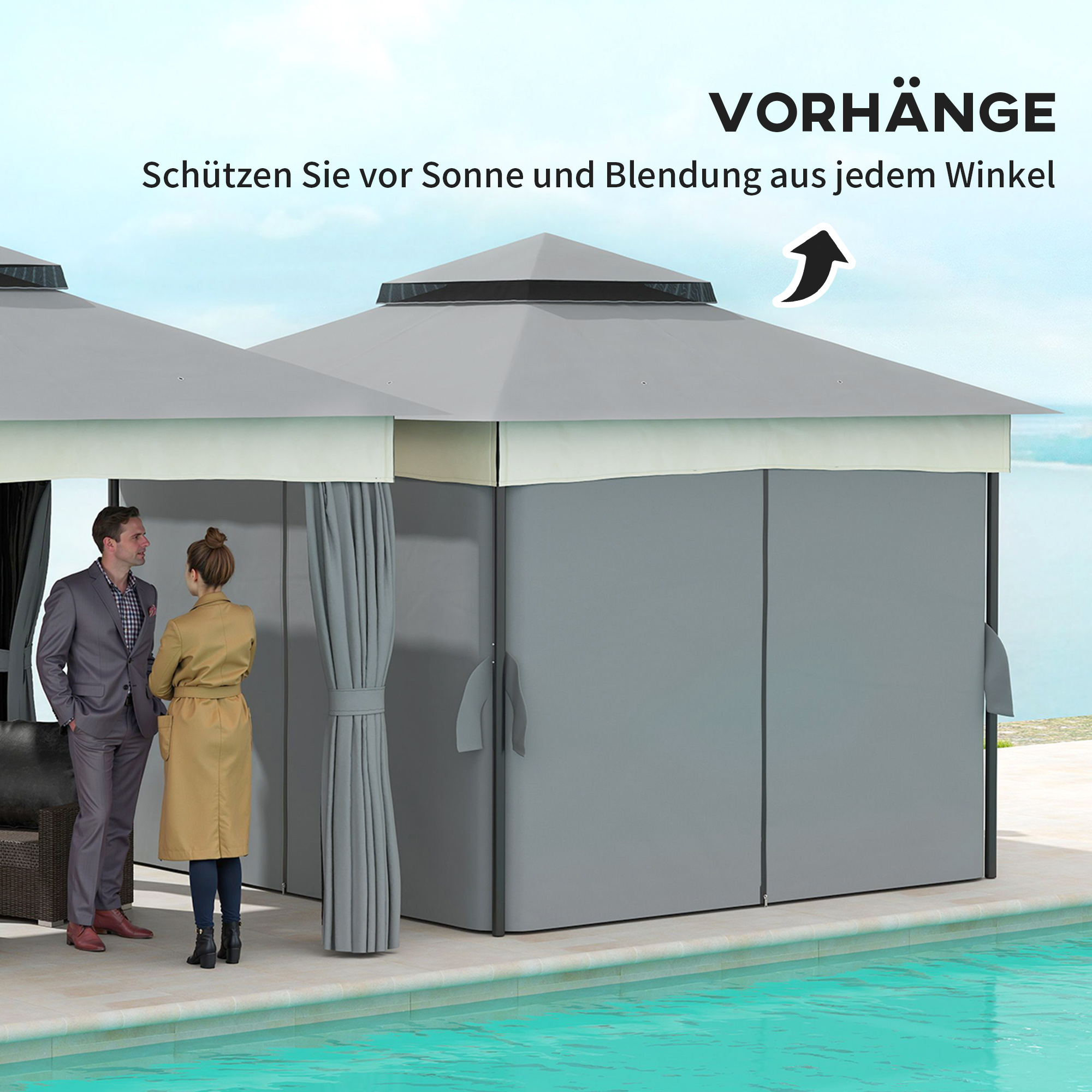Paviljoen met Dubbel Dak, 3x3 m Waterafstotend en Stabiel Winterbestendig Tuinpaviljoen van Metaal - Donkergrijs