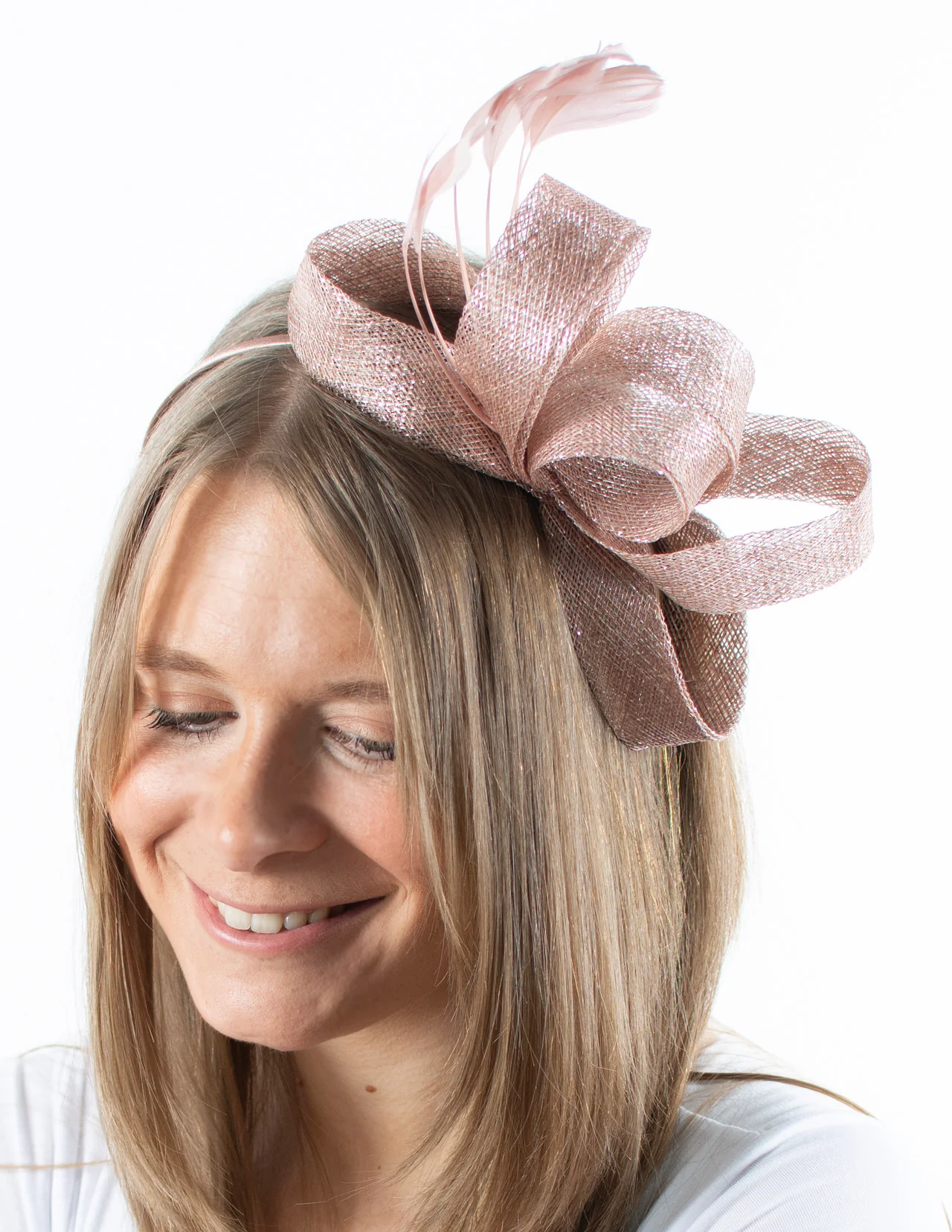 Fascinator | Feather Loop | Metallic Dusky Pink