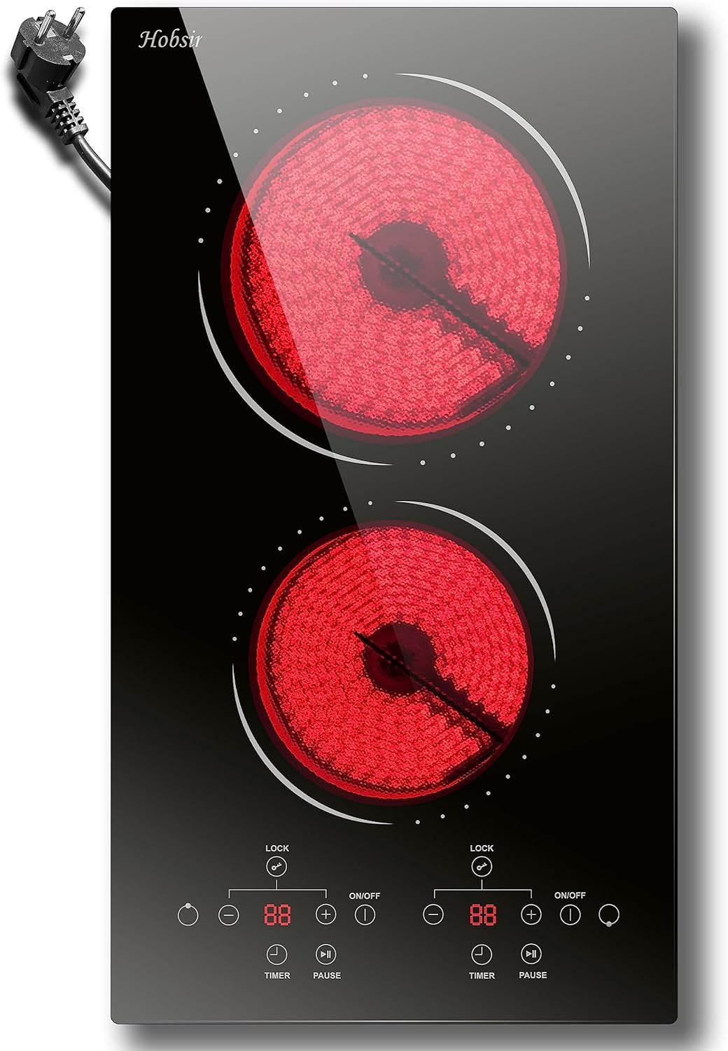 Glaskeramikkochfeld 4 Zonen Kochfelder Sensor-touch Control Kochfeld Autark 60cm, 6000W, 9 Leistungsstufe, verkabelt, kein Stecker