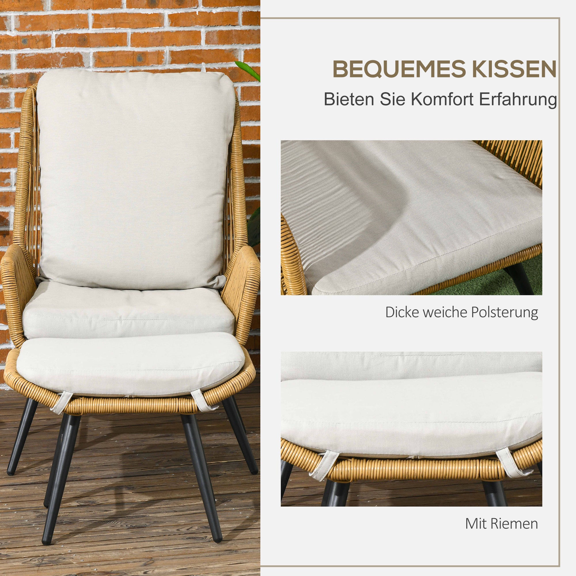 Outsunny Polyrattan Tuinstoel en Voetenbank, verstelbare leuning, Lichtbruin/Grijs/Zwart