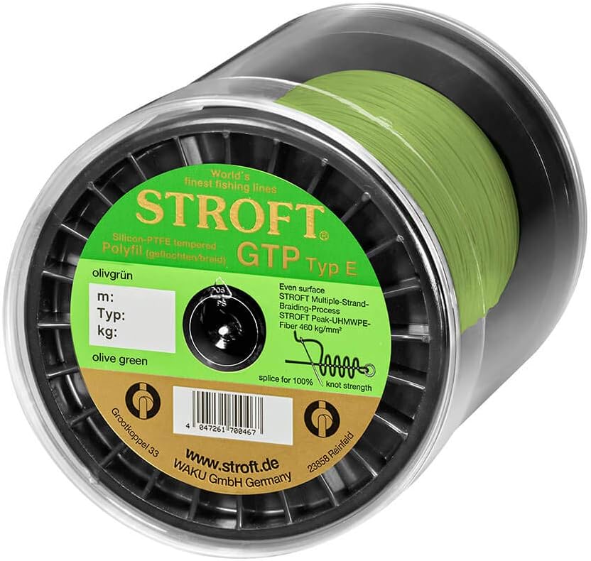 Stroft Schnur GTP Typ E oliv grün 1000m geflochtene Angelschnur - 8-Fach PE Braid, rund & leise, extrem Abriebfest, hohe Tragkraft, ohne Coating, für Spinnfischen auf Hecht, Zander & Barsch