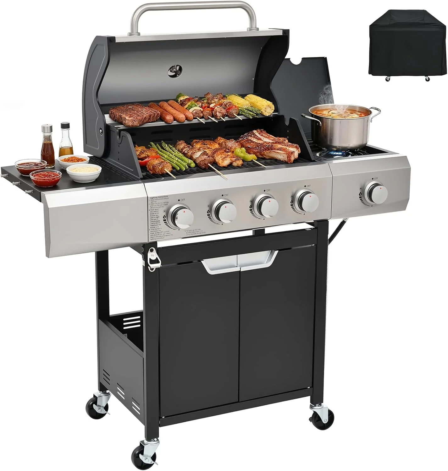 4-Burner Propane Gas BBQ Grill with Side Burner, 46,500 BTU Output Stainless Steel